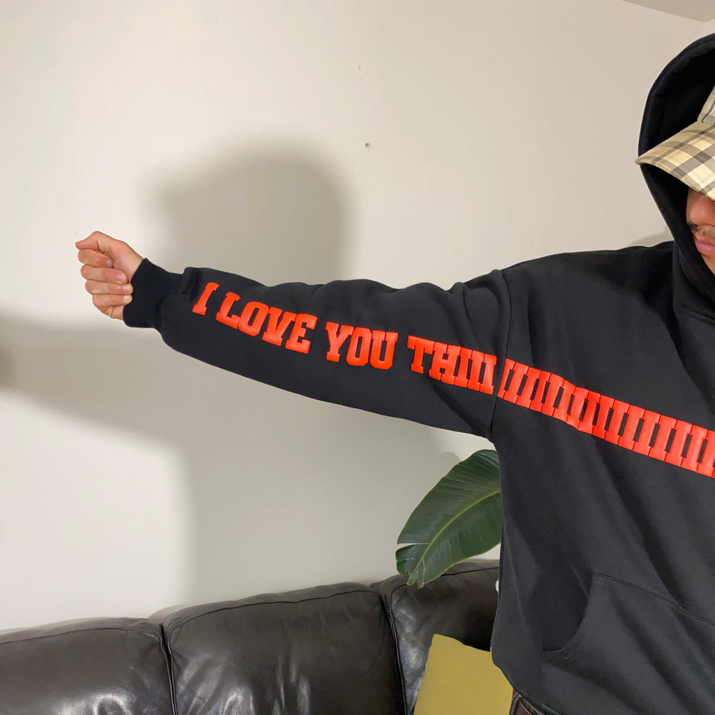 I Love You This Much Hoodie – Limited Edition Regular Fit Unisex Puff Print Fleece Black Hoodie