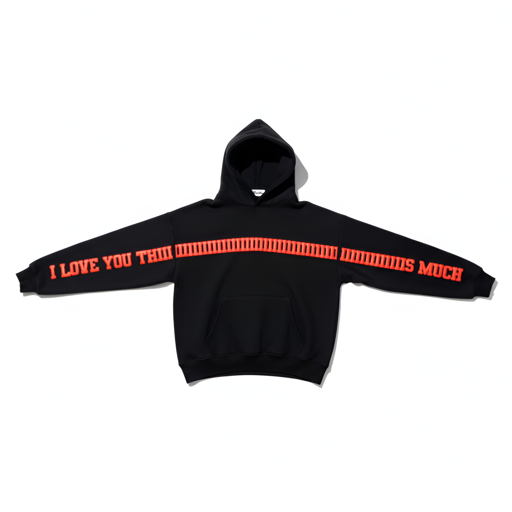 I Love You This Much Hoodie – Limited Edition Regular Fit Unisex Puff Print Fleece Black Hoodie